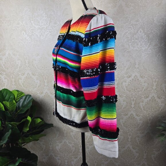 Veronica Prida Designs Size Medium Colorful Striped Serape Jacket Sequin Trim - Picture 8 of 16
